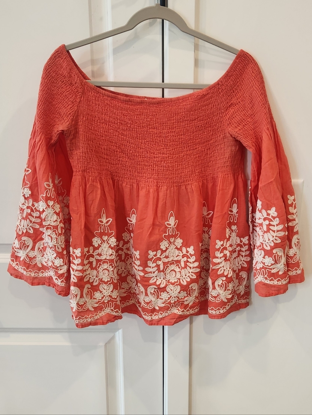 Women's Coral Embroidered Peasant Top